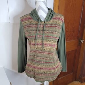 Womens Chaps Denim Thermal hooded top Print front solid green back Size Large